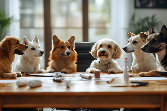 Funny dogs with teamwork meeting. Business dogs in office workplace.