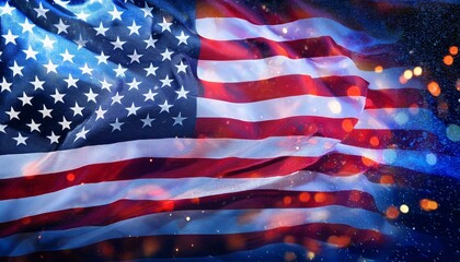 American flag is shown waving with digital effects including glowing particles. Futuristic hologram display of the American flag with vibrant colors and dynamic light effects. 
