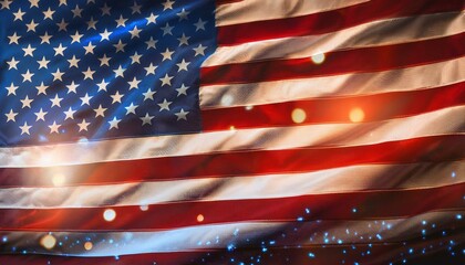 American flag is shown waving with digital effects including glowing particles. Futuristic hologram display of the American flag with vibrant colors and dynamic light effects. 