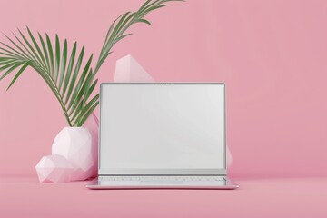 Minimalist laptop design featuring a blank screen, surrounded by abstract geometric shapes on a soft pink background, embodying modern fashion aesthetics and trendy mockup appeal