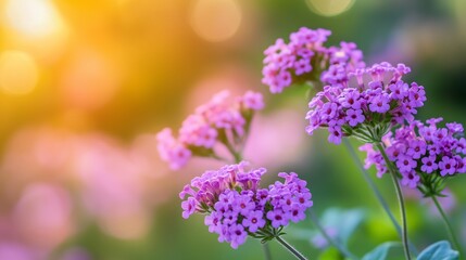 Fototapeta premium Beautiful clusters of purple flowers blooming in a garden during sunset, creating a serene and colorful atmosphere