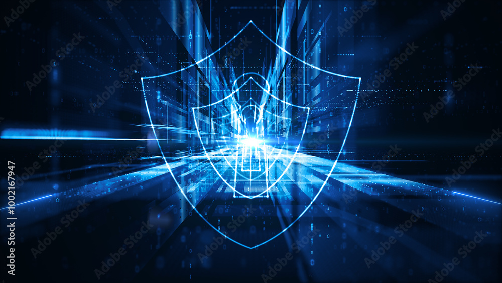 Poster secure it infrastructure, cybersecurity concept with a glowing digital shield and lock over a high-t