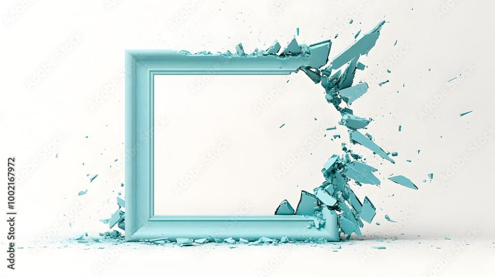 Poster A photographic frame with shattered glass and jagged broken edges isolated on a clean plain white background  This abstract minimalist scene showcases the fragile and damaged nature of the frame
