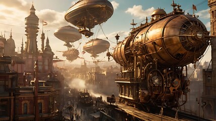 A bustling steampunk city filled with towering clockwork machines, airships floating overhead, and streets lined with gears and steam-powered contraptions, all bathed in warm golden light.