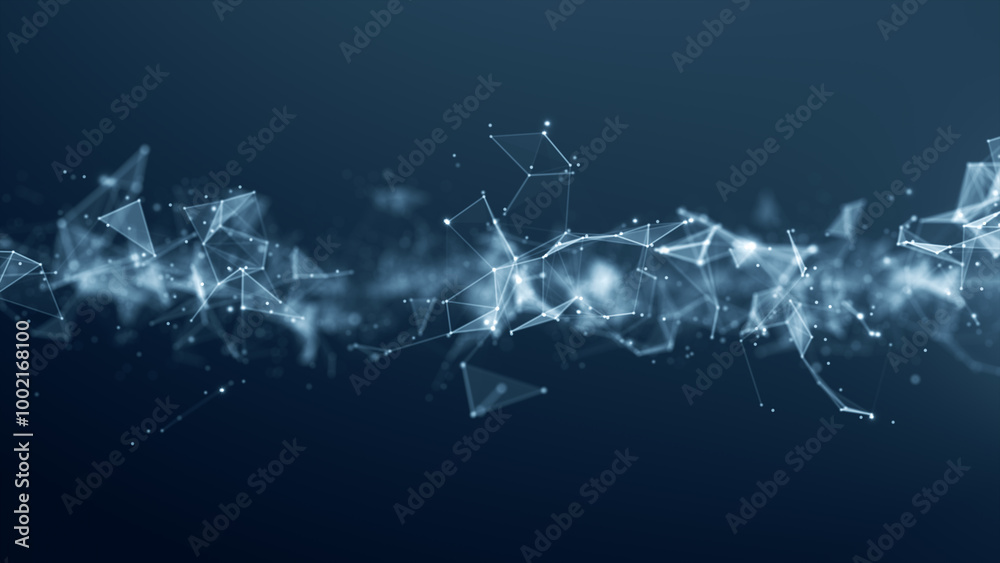 Poster abstract digital network with interconnected points and lines on dark background, data flow communic