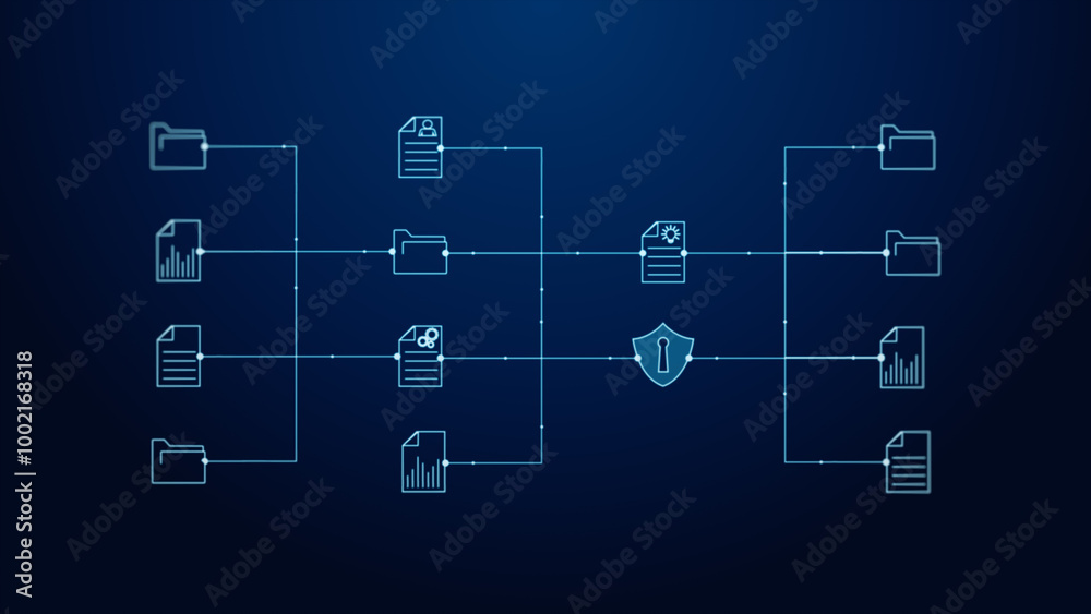 Aufkleber Data network featuring connected to various file types on digital interface. cloud computing and data security concepts. 3D Rendering