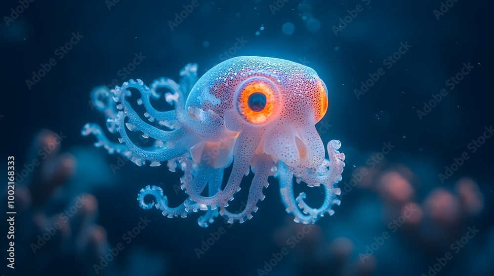 Poster A shot of a bioluminescent bobtail squid with its glowing body and tiny luminescent tentacles showcasing the unique and mysterious nature of this captivating deep sea creature