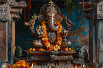 Obraz premium Beautiful greeting card with bright holiday composition for happy celebrate Ganesh Chaturthi