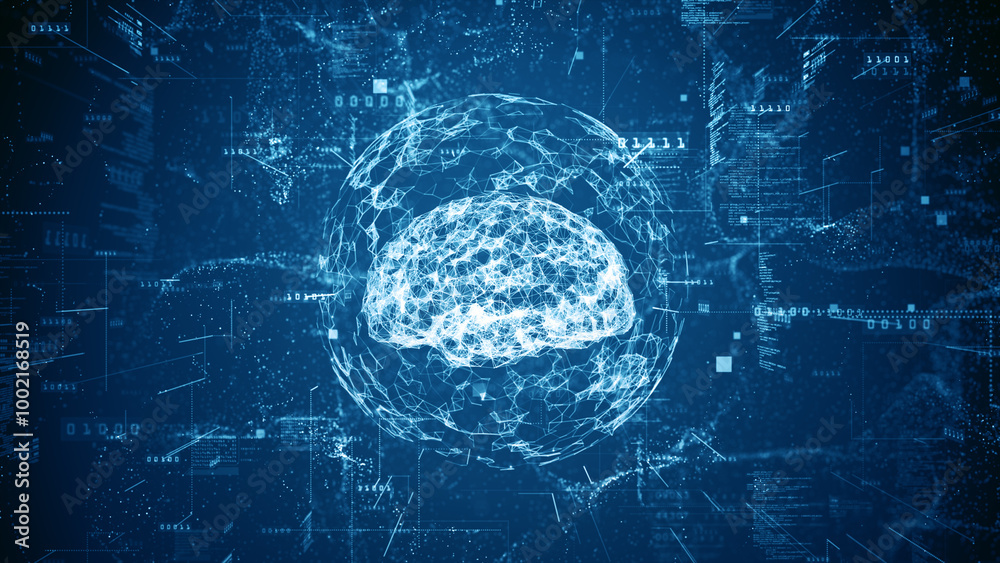 Poster digital brain is encased in a global structure, global connectivity, ai technology, and data network