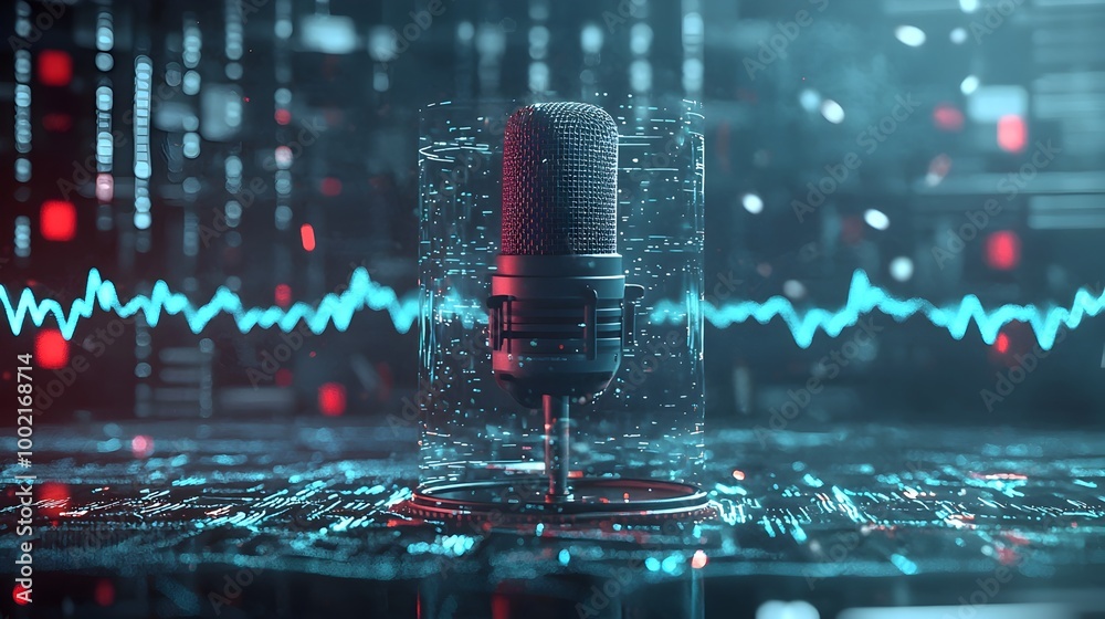 Poster A sleek and futuristic microphone surrounded by holographic sound waves against a metallic high tech backdrop creating a visually striking and innovative scene for audio recording broadcasting