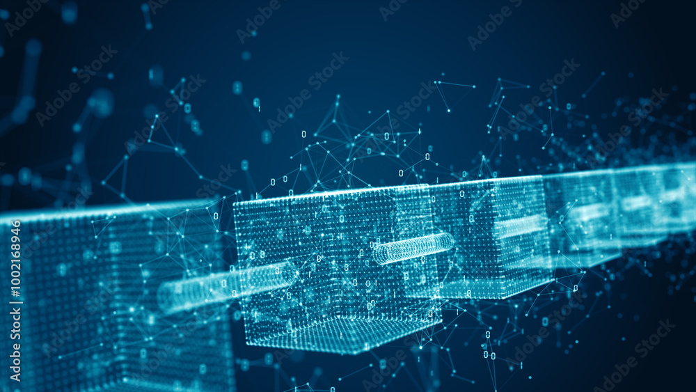 Poster abstract blockchain network visual with interconnected digital blocks, representing secure data tran