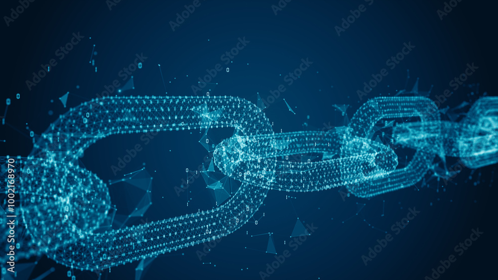 Poster abstract blockchain links with digital nodes, symbolizing secure data connections, cryptography, and