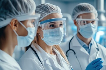 Bouffant Cap Protection: Caucasian Scientist Man and Woman in Lab Discuss Health Solutions