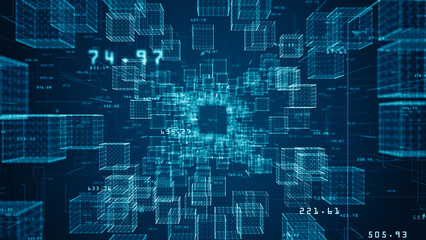 Abstract Digital Blocks Forming Network, Technology Blockchain Cryptocurrency Transaction Process 3D Rendering. Computer Network Grid Background. Modern Business Technology Concept