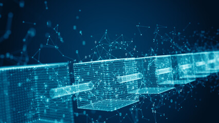 Abstract blockchain network visual with interconnected digital blocks, representing secure data transactions, decentralized systems, Cryptographic technology, 3D Rendering