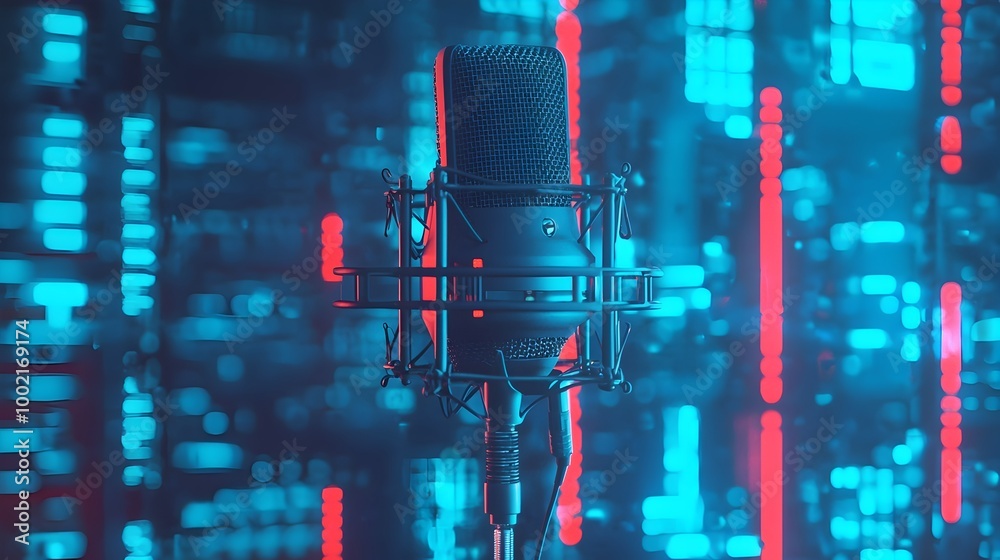 Aufkleber a sleek modern microphone set against a mirrored surface reflecting futuristic neon lights that crea