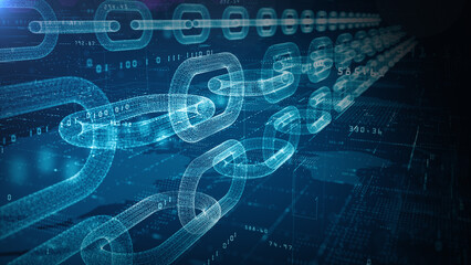Obraz premium Futuristic digital blockchain concept with interconnected data chains on blue tech background, representing data security and decentralized networks. Technology abstract background, 3D Rendering