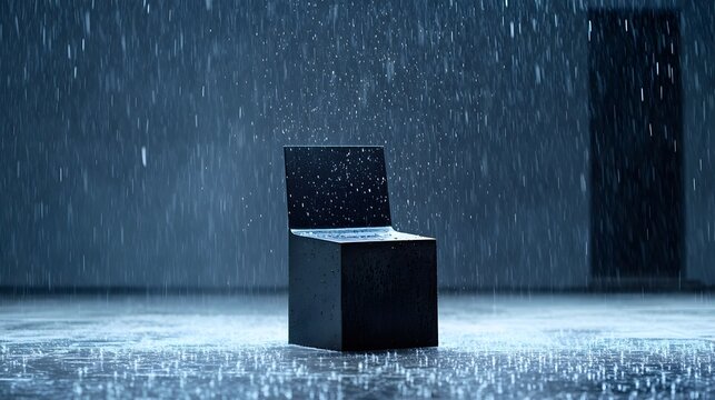A sleek modern chair standing firm against the elements with rain droplets cascading off its surface in slow motion symbolizing the strength and endurance of design in the face of adversity