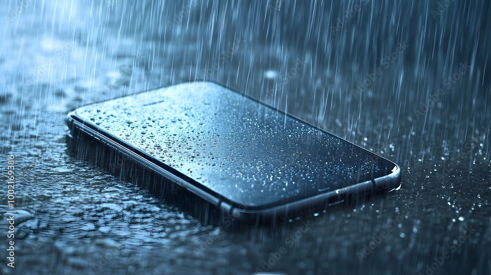 Aufkleber a smartphone resting in the rain perfectly dry under an invisible barrier symbolizing its advanced w