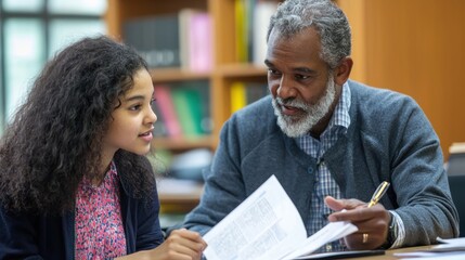 A career counselor showing a student a list of potential career choices.
