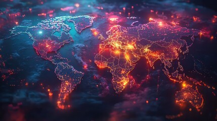 Fototapeta premium Futuristic Global Warming Visualizations on 3D Neon World Map
