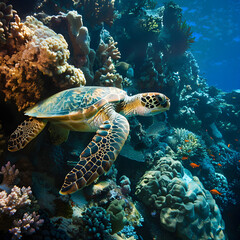 Sea turtle swimming near colorful coral reef in the ocean