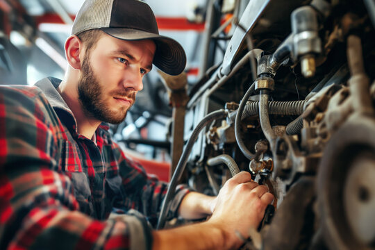 A male mechanic wearing a cap and checkered shirt works intently on repairing agricultural machinery (tractor). Concept of farm equipment repair and rural labor.