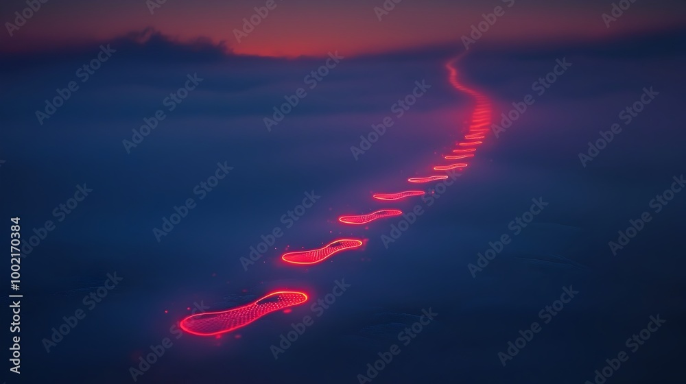 Poster a trail of glowing footprints leading into the fog disappearing into the unseen future symbolizing t