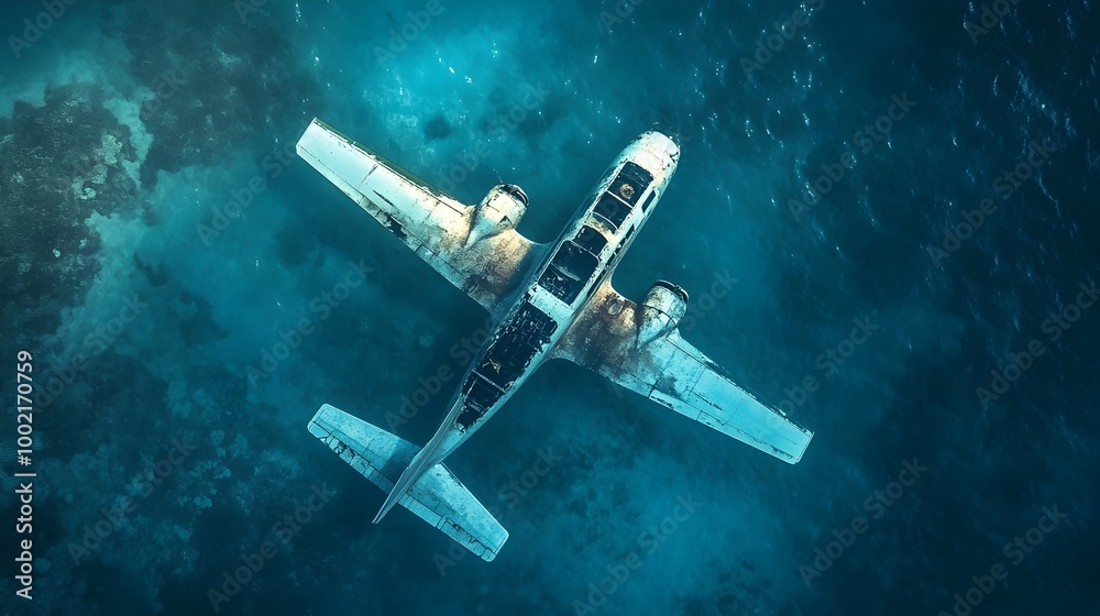 Poster abandoned aircraft floating in the bermuda triangle caught in a surreal whirlpool of shimmering wate