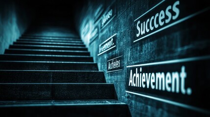 A career promotion concept with a staircase labeled with words like "Success" and "Achievement."