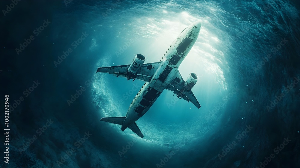 Poster Abandoned Plane Adrift in the Bermuda Triangle s Ethereal Whirlpool of Water and Light A Captivating Glimpse into the Unexplained Mysteries of the Ocean