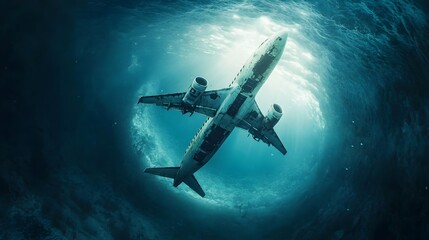 Naklejka premium Abandoned Plane Adrift in the Bermuda Triangle s Ethereal Whirlpool of Water and Light A Captivating Glimpse into the Unexplained Mysteries of the Ocean