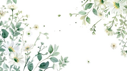 A minimalistic flowers border with small white daisies and delicate green sprigs scattered lightly around the frame of the image. 8k UHD, suitable for high-quality printing or digital display. 