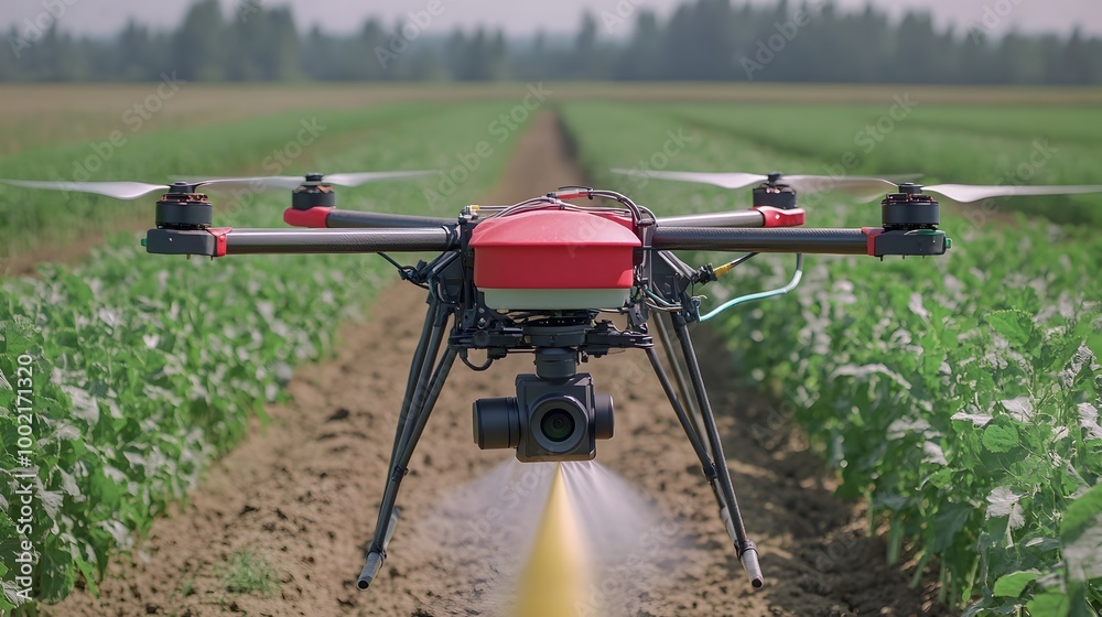 Poster aerial precision crop spraying with agricultural drone nozzles detailed view of spraying mechanism a
