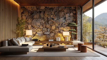 Home Interior Japanese-style wood and stone feel furniture, a pot stove, and a Zen garden 