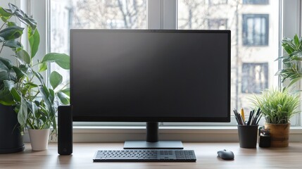 A clean desktop setup with a large monitor, wireless keyboard and mouse, and a few essential office supplies.