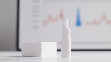 Minimalist nasal spray bottle on white background, clean and modern design for respiratory health and wellness.