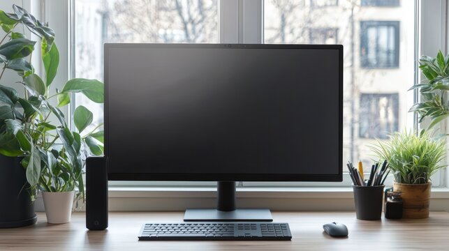 A clean desktop setup with a large monitor, wireless keyboard and mouse, and a few essential office supplies.
