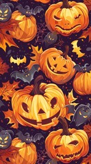 Smartphone wallpaper Halloween pumpkins background and bats on an orange backdrop, in a cartoon style, as a pattern design for mobile wallpaper. Vertical