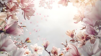 Fototapeta premium A soft pastel flowers border featuring cherry blossoms and magnolia flowers with gentle pink and white petals, framing the image from the corners. 8k UHD, suitable for high-quality printing 