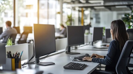 A collaborative office workspace with shared desks, multiple monitors, and people working together in an open-plan office.