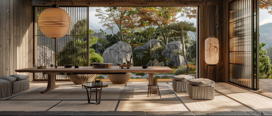 Fototapeta premium Home Interior Japanese-style wood and stone feel furniture, a pot stove, and a Zen garden 