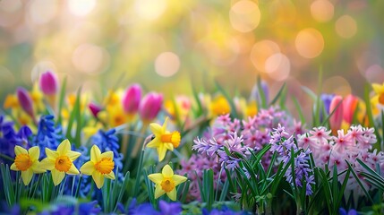 A spring-inspired flowers border featuring daffodils, crocuses, and hyacinths in vibrant colors, framing the image with a burst of springtime cheer. 8k UHD, suitable for high-quality printing 