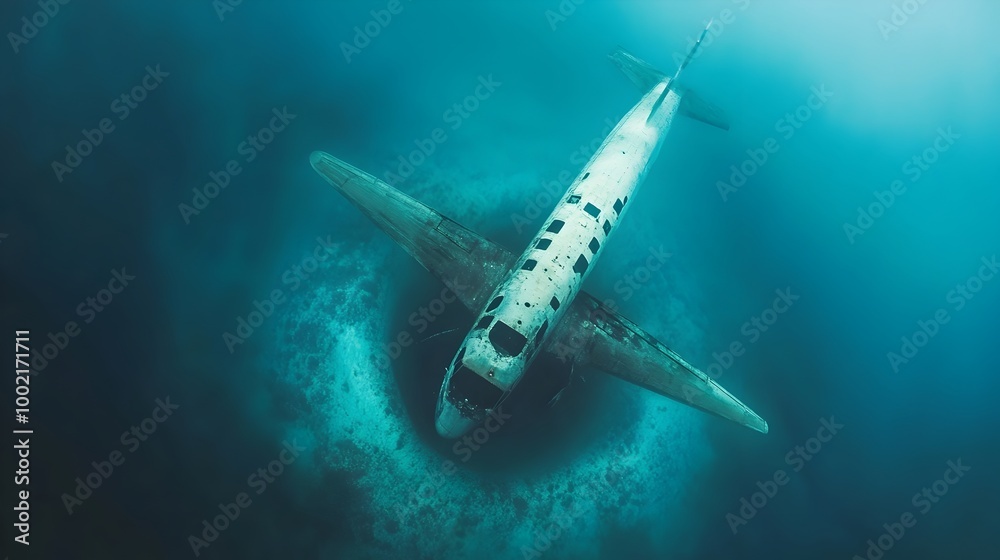 Poster An abandoned aircraft suspended in the Bermuda Triangle caught in a swirling vortex of water and ethereal light creating a surreal otherworldly scene