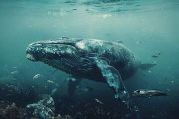 Naklejka premium Fantastically beautiful majestic huge whale in ocean