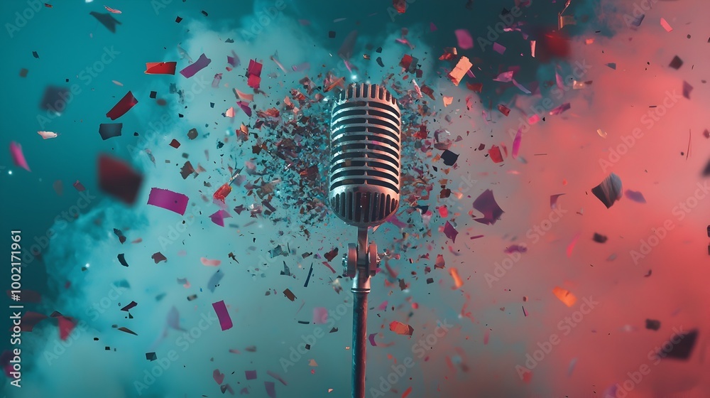 Leinwandbilder and dramatic scene of a microphone surrounded by shattered illuminated neon light tubes creating a b
