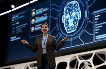  woman is speaking about technologies