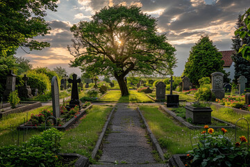 Obraz premium A fantastically mysterious cemetery with tombstones and scary atmosphere