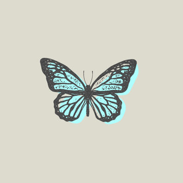recommend clip art: Grainy butterfly retro photocopy effect with blue bottom, vintage stipple dots texture grunge art, vector y2k insect