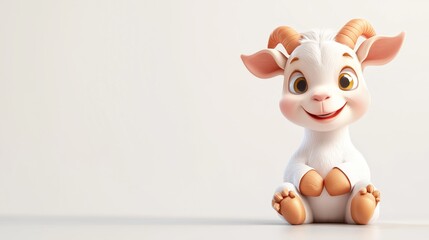 Fototapeta premium Cute animated goat character sitting on a clean surface with a cheerful expression in a bright, minimalistic setting